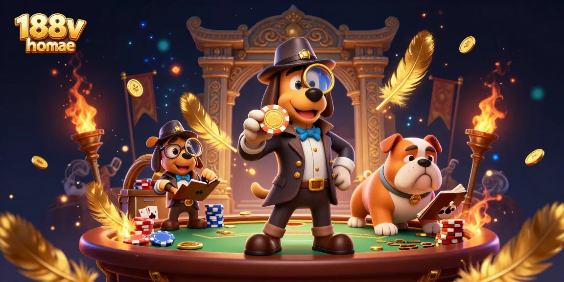 Engage in gaming excitement at the 188v homepage with a detective scene discovering golden chips.