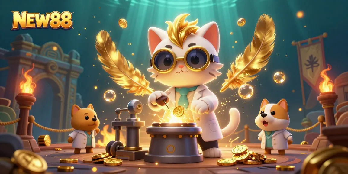 Experience winning moments at NEW88 with an energetic 3D scene showcasing vibrant casino elements and characters.