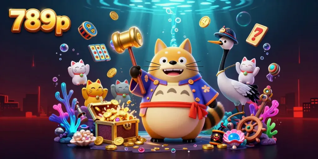 Engage in the colorful gaming scene with the cheerful tanuki and symbols of luck in 789p.
