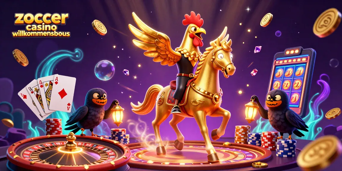 Experience the thrill of Zoccer Casino Willkommensbonus with a dazzling golden rooster in a mystical gaming scene.