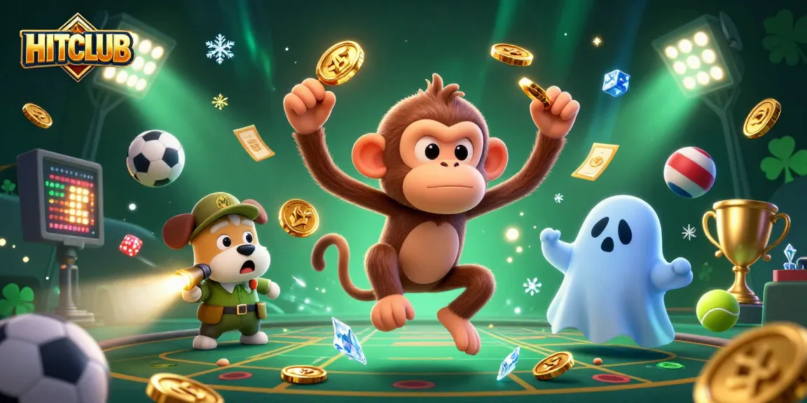 Experience HITCLUB excitement through our immersive haunted casino illustration, featuring juggled golden objects and a curious puppy.