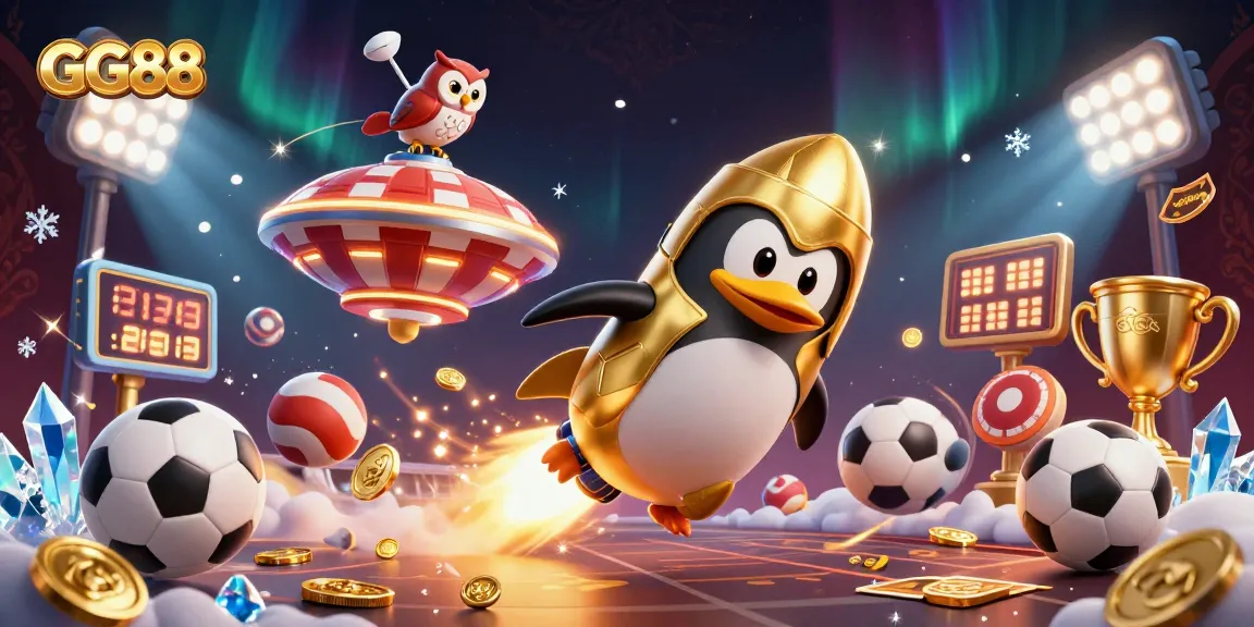 Experience the thrill of GG88 with a golden penguin and casino elements in a vibrant cosmic scene.