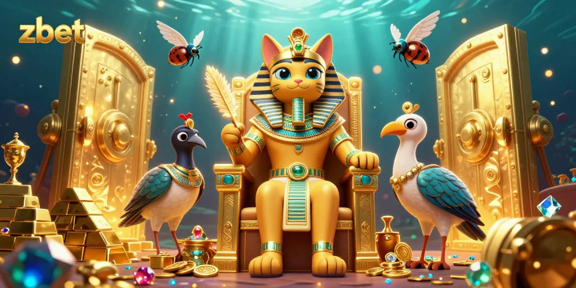 Zbet showcases excitement with an Egyptian cat pharaoh surrounded by treasures in this vibrant 3D casino illustration.