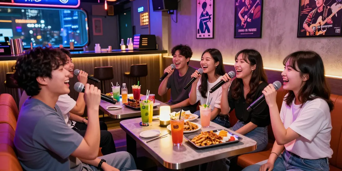인천쓰리노에서 친구들이 즐겁게 노래 부르는 모습과 화려한 조명이 있는 공간