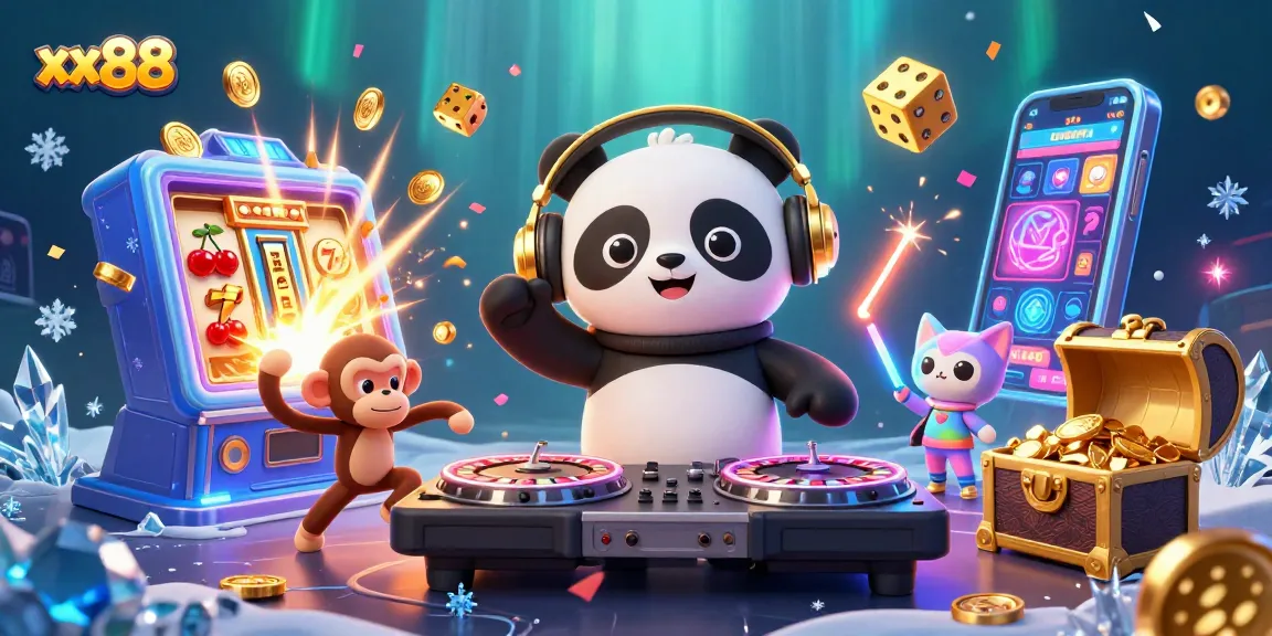 Join the excitement with xx88 as a DJ panda spins and coins burst from a giant slot machine.