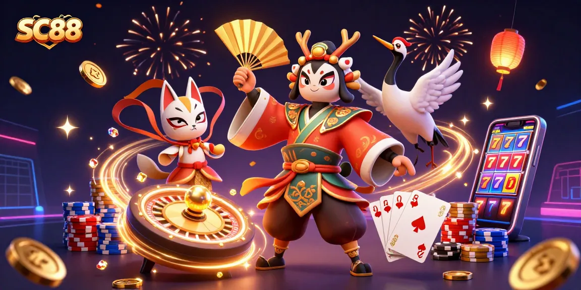 Engage in the thrilling world of SC88 casino games with vibrant characters and dynamic gaming scenes.