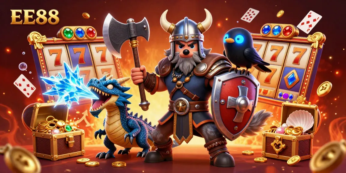 Engage in thrilling casino adventures with EE88 featuring dynamic characters, slot reels, and golden treasure.