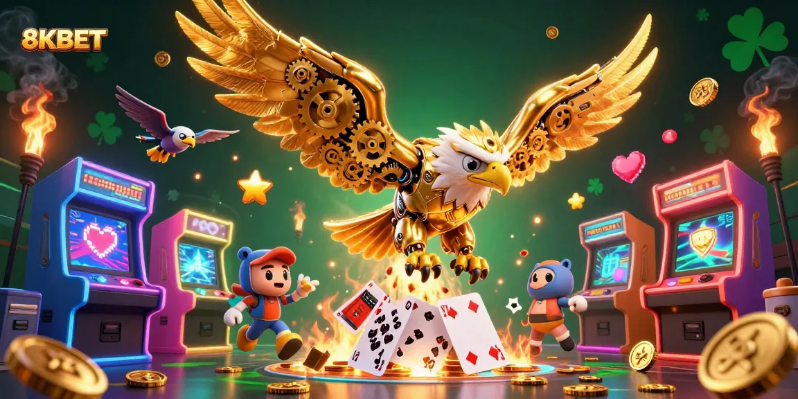 Experience the thrill of 8KBET as a cybernetic eagle dives through holographic cards in a vibrant casino scene.