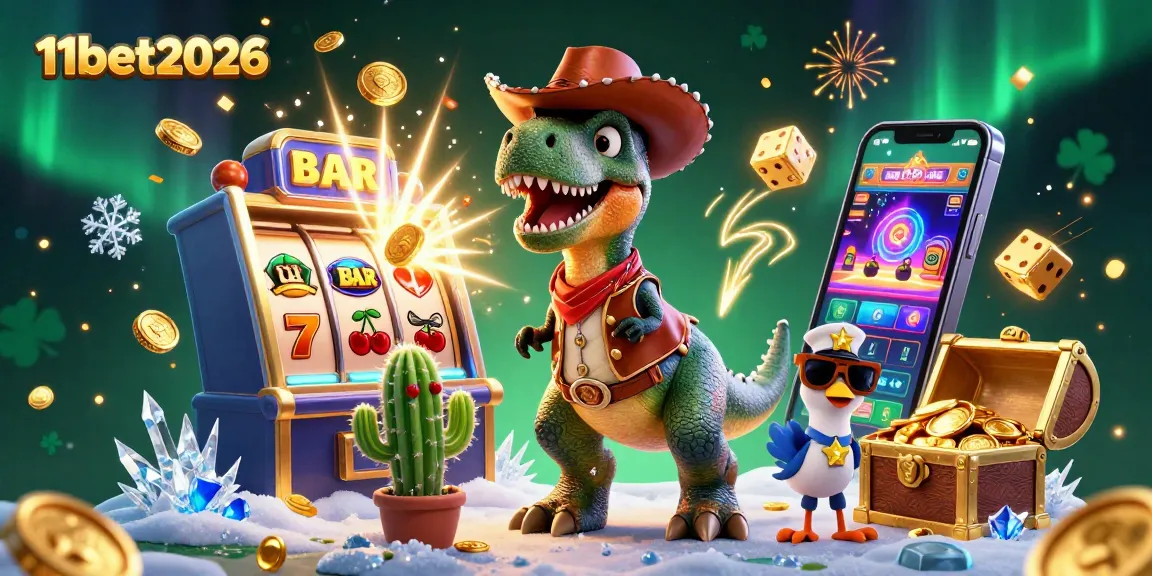 Engage with 11bet2026 in a vibrant casino scene featuring a cartoon cowboy dinosaur, bursting slot machines, and festive elements.