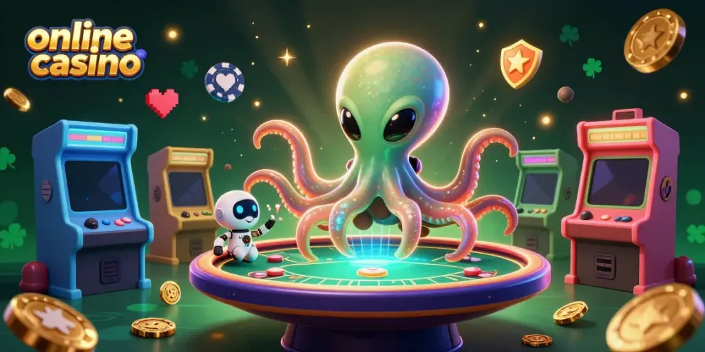 Experience an exciting online casino scene with a vibrant alien octopus and robot at a holographic poker table.