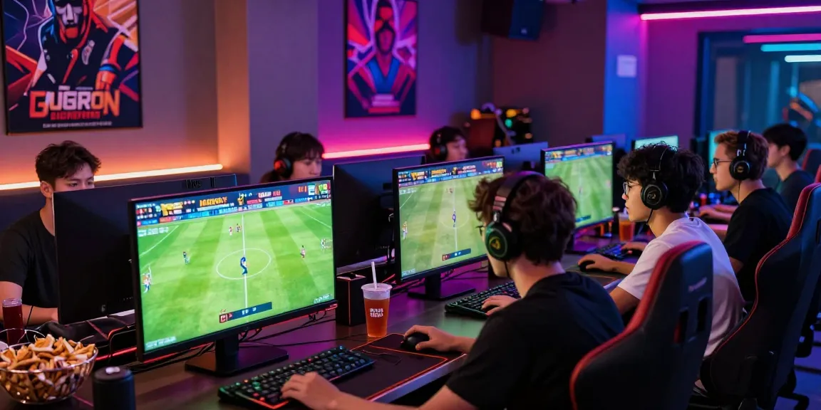 Engaging gaming lounge atmosphere promoting Prediksi Bola Malam Ini with gamers watching matches and sharing tips.