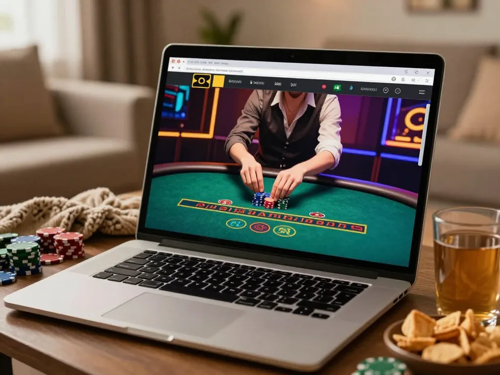 Casino en ligne qui paye rapidement présente un joueur s'engageant dans un blackjack stratégique depuis un cadre confortable à domicile avec des collations et un ordinateur portable.