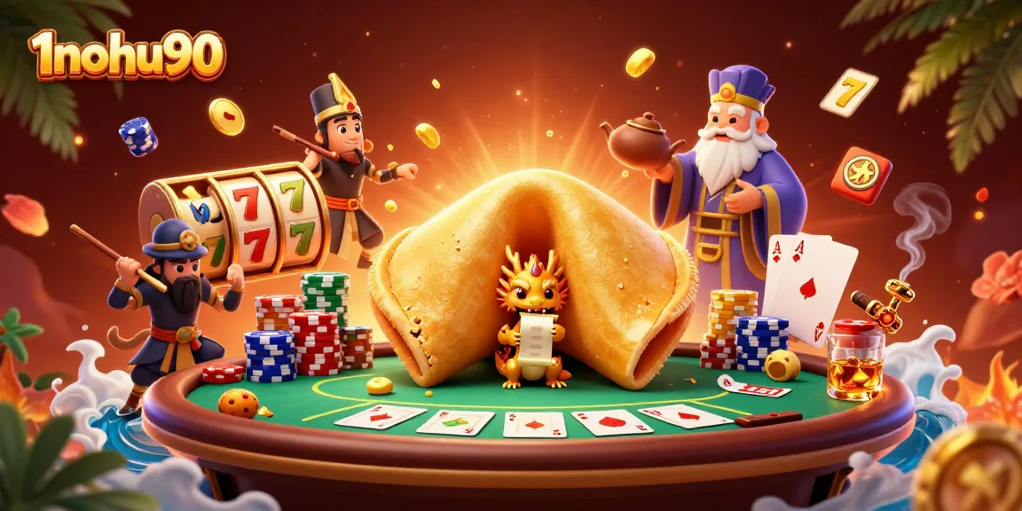 Engage luck and fortune at 1nohu90 with a magical scene of a golden cookie, wise dragon, and vibrant slot elements.