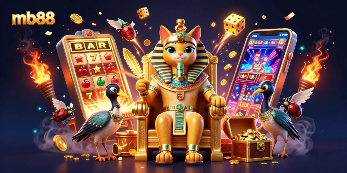 Experience the thrill of mb88 with an Egyptian pharaoh cat amidst a casino jackpot explosion.