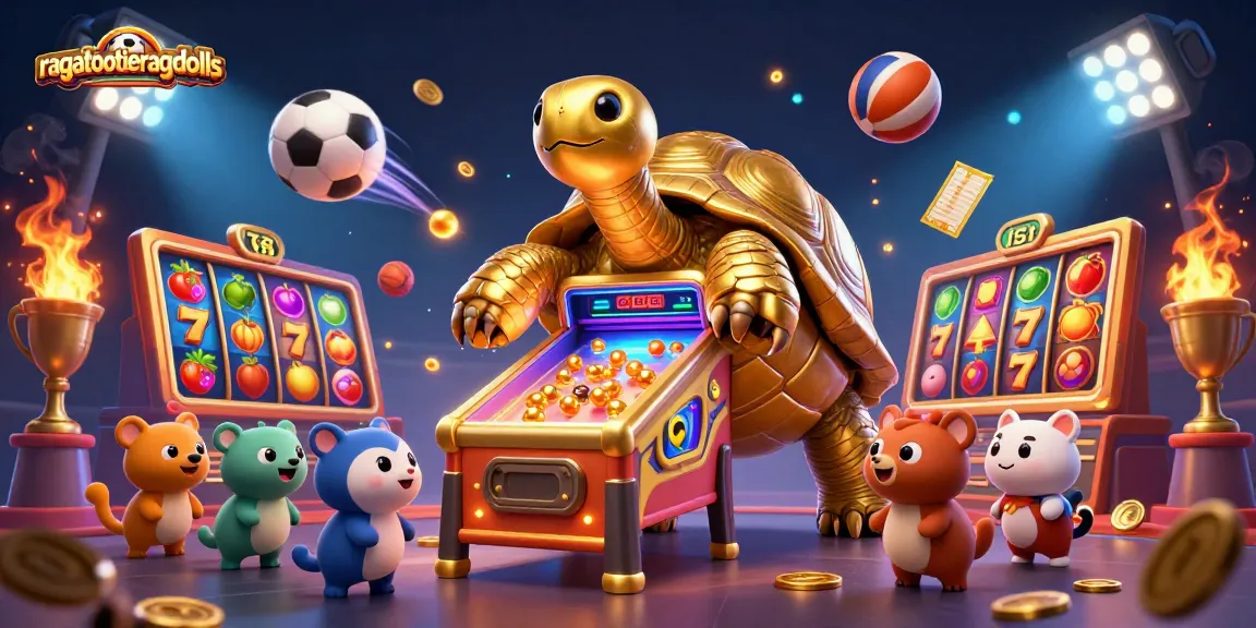 Play exciting slots at ragatootieragdolls with a dynamic illustration of a colossal golden tortoise and vibrant game elements.