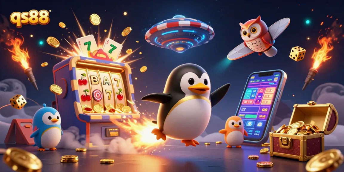Experience thrills with the qs88 penguin racing towards a casino-shaped poker chip, amidst vibrant jackpot elements.