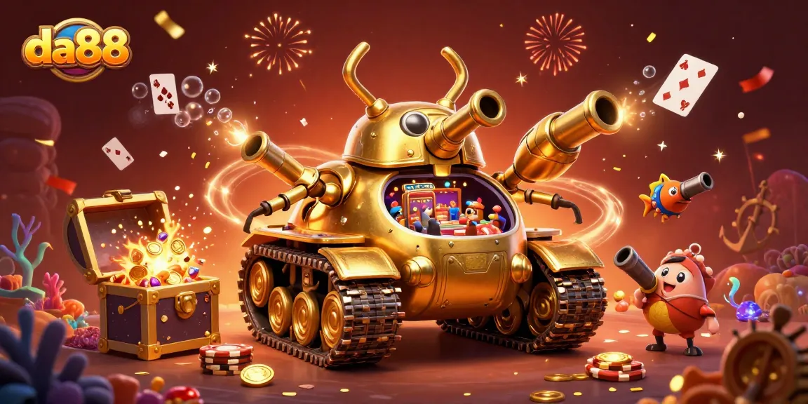 da88 showcases an exciting miniature casino experience within a golden beetle tank, packed with vibrant gambling elements.