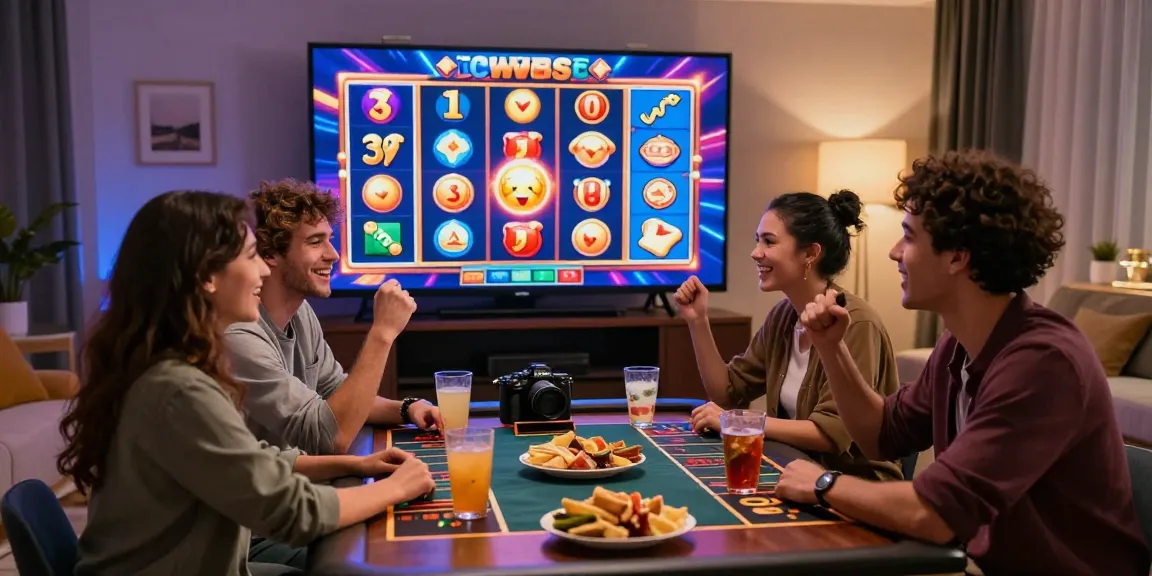 Friends enjoying slot terpercaya games together in a lively living room.