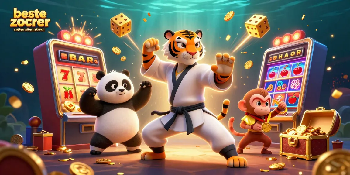 Die besten Zoccer Casino Alternativen mit dem Kung Fu Tiger, Panda und frechem Affen in einem lebendigen Kasino-Szenario.