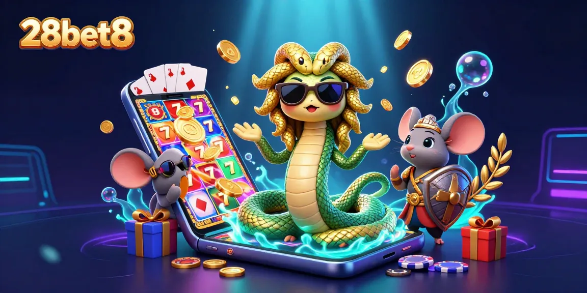 Experience thrills at 28bet8 with Medusa and a warrior mouse enjoying slots and poker elements.