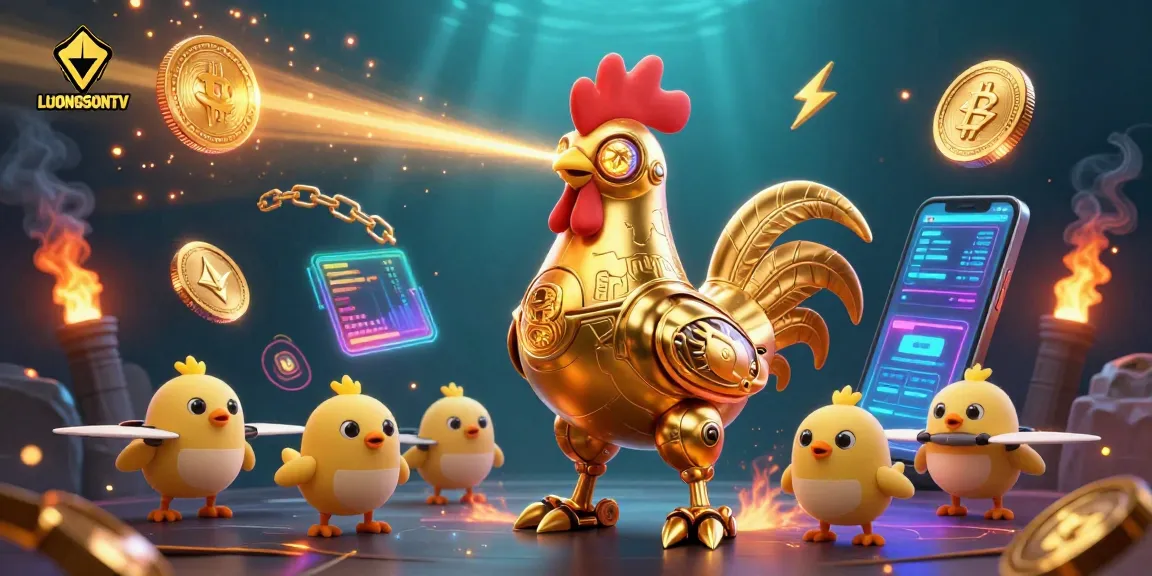 Engage with LUONGSONTV's dynamic gaming scene featuring a golden rooster robot and crypto elements.