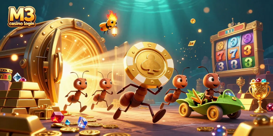 Dynamic heist scene with M3 casino login, ants and grasshopper celebrating casino wins.