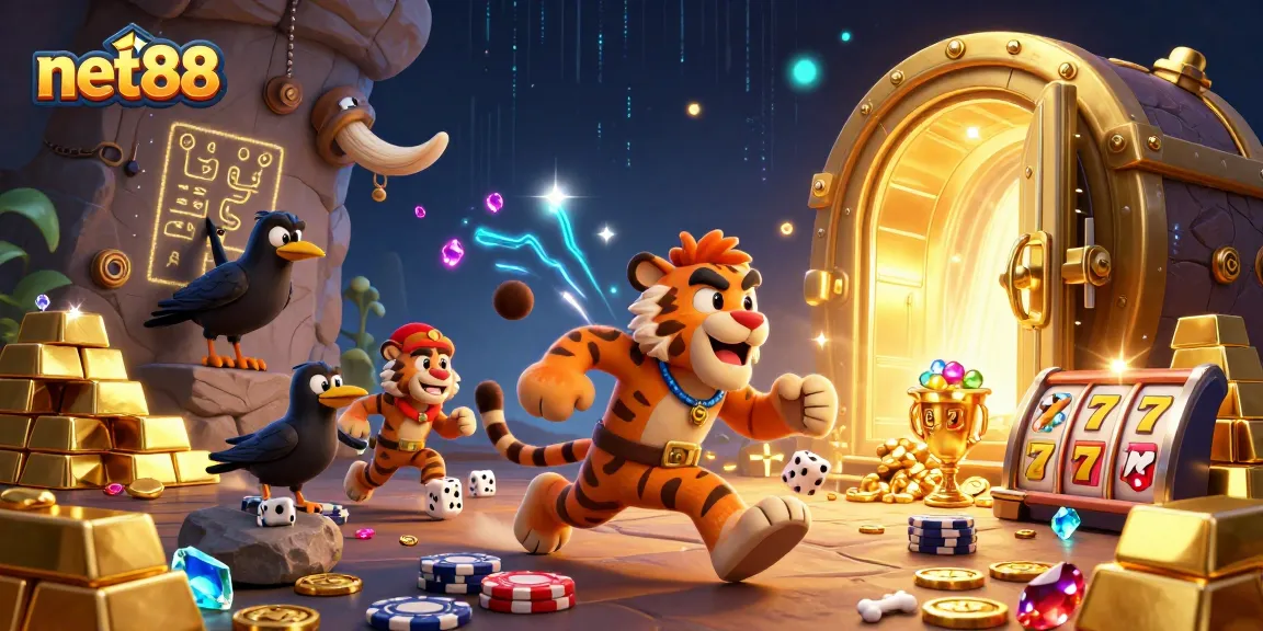 Experience thrilling net88 gameplay in this vibrant 3D casino scene with cavemen and treasures.