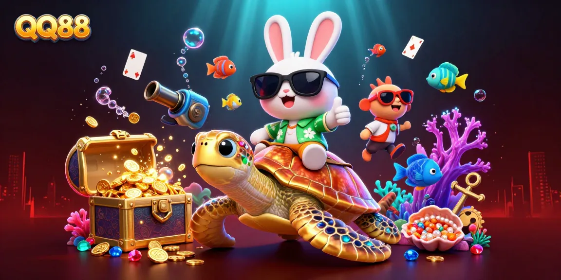 Experience QQ88 with a vibrant 3D scene featuring a lucky rabbit and a golden sea turtle amidst underwater treasures.