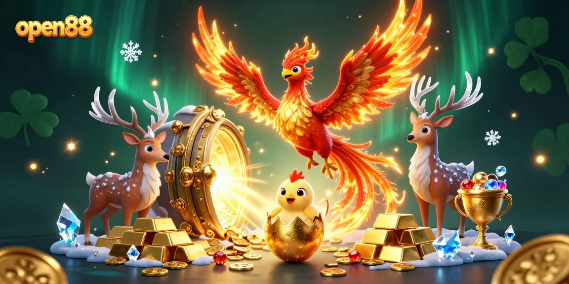 Experience thrilling wins at open88 with vibrant 3D casino elements and a magical phoenix scene.