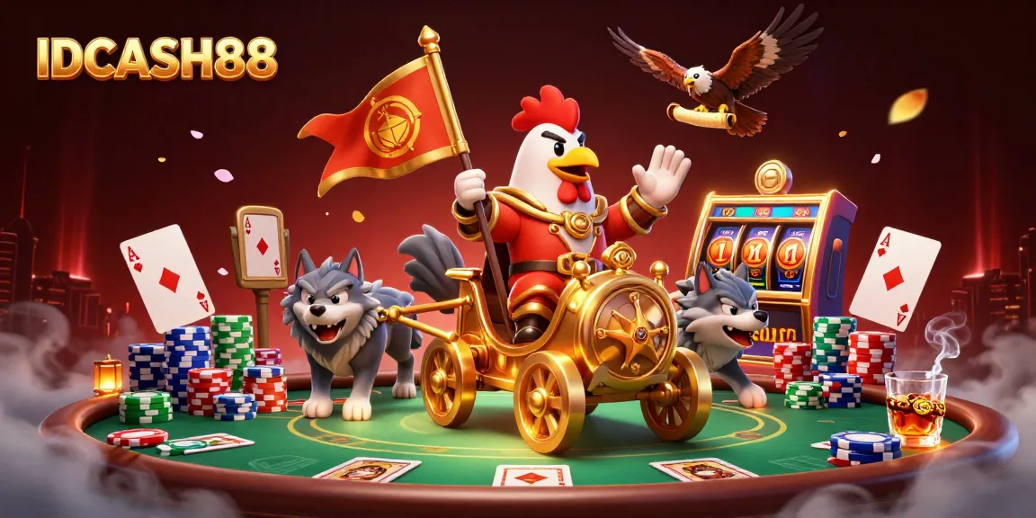 Experience thrilling gameplay with IDCASH88's vibrant casino illustration featuring action-packed game elements.