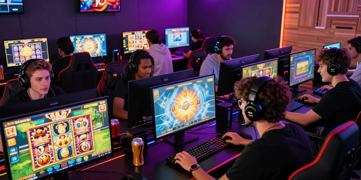 Players enjoying daftar slot games online in a vibrant gaming room.