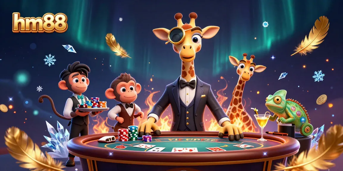 Experience high-stakes gaming at hm88 with a 3D cartoon giraffe and monkey valet in an exciting casino scene.