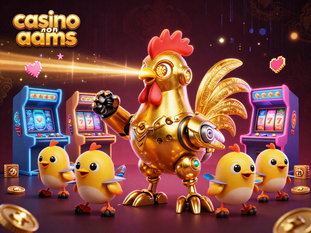 Gioca in un casino non aams con un robot galletto d'oro e droni di pulcini; scene di gioco avvincente.