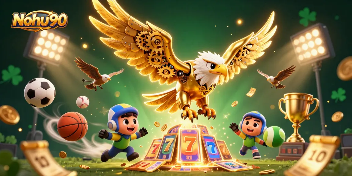 Nohu90 players enjoy thrilling spins with golden eagle amidst dynamic gaming elements like slot reels and sports balls.
