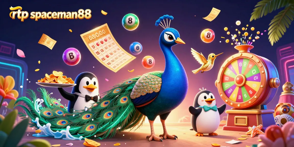 Experience rtp spaceman88 in a dynamic illustration of a peacock, penguin, and hummingbird amidst gambling excitement.