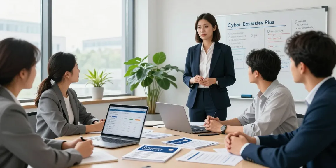 Team discussing cyber essentials plus cost in a modern office during a business meeting.
