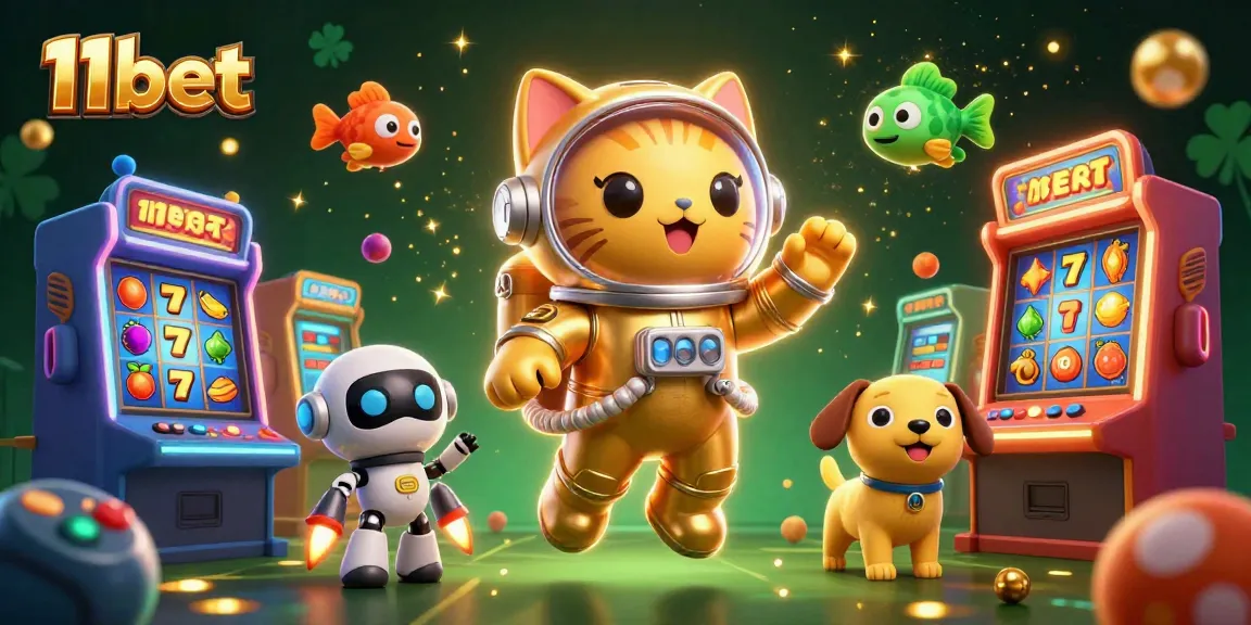 Engage with 11bet's dynamic gaming universe featuring a colorful illustration of slots and characters.