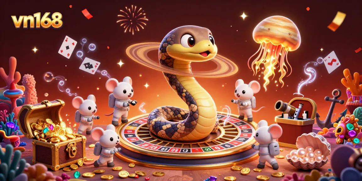 Bet on vn168 with a cosmic roulette wheel featuring a Saturn ring snake and astronaut mice amidst a vibrant gaming scene.