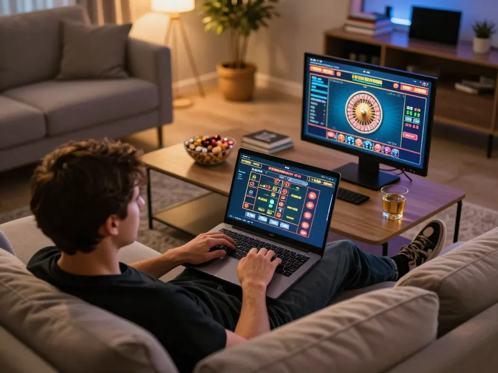Engaging in online gaming with Sunwin at home, featuring a roulette interface and comfortable atmosphere