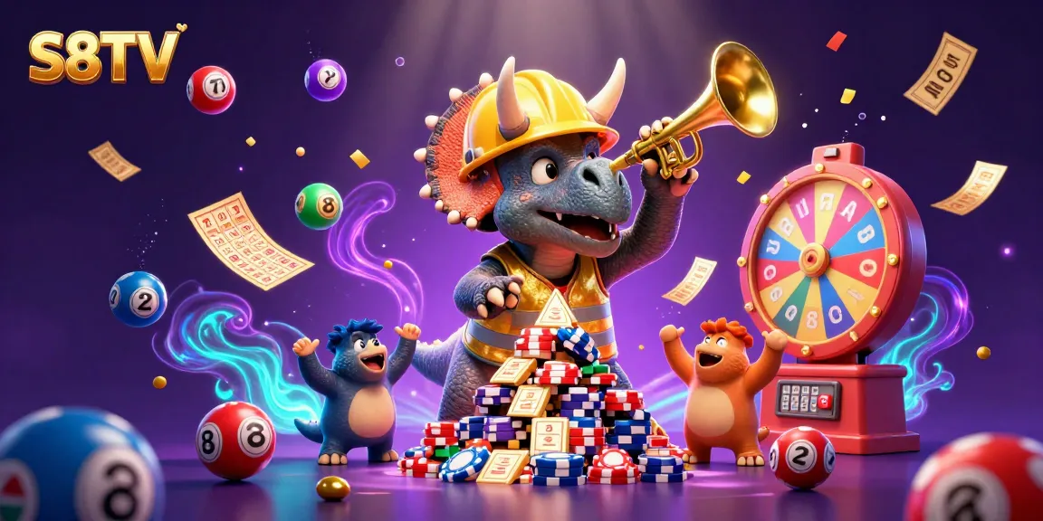 Experience thrilling action with S8TV as colorful lottery balls burst around a fun 3D dinosaur scene.