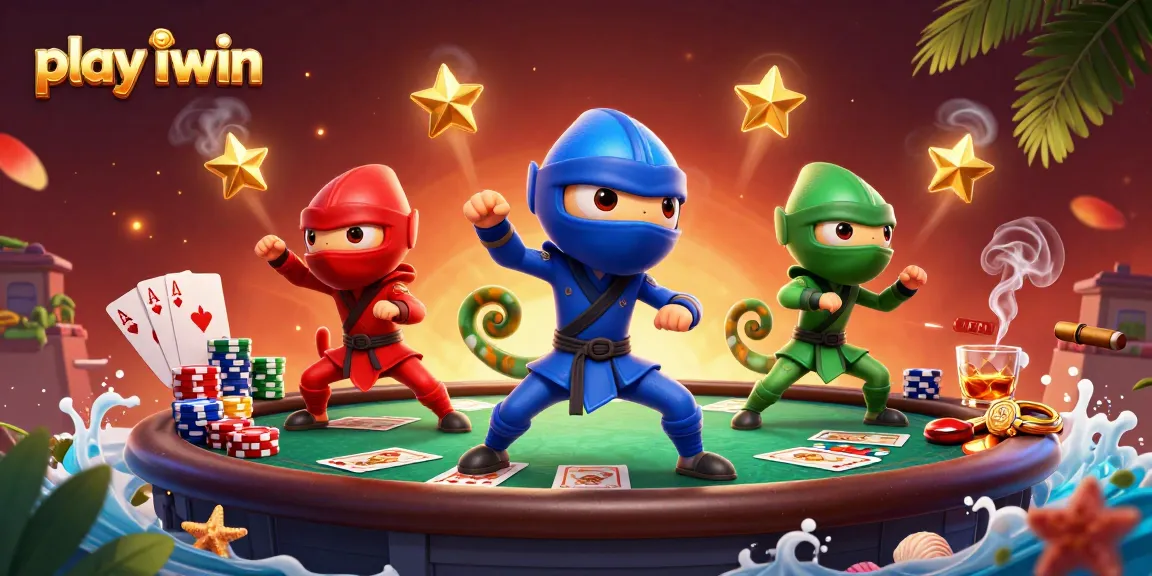 Engage and play iwin with a thrilling 3D illustration of ninja chameleons in action around poker elements.