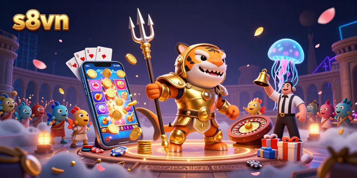 Experience thrilling gameplay at s8vn in a dynamic casino scene featuring vibrant 3D characters and gaming elements.
