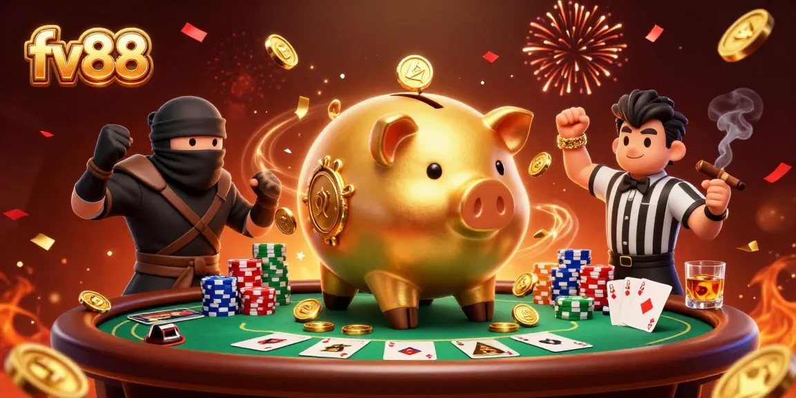 fv88 players winning with a giant golden piggy bank in a vibrant casino scene