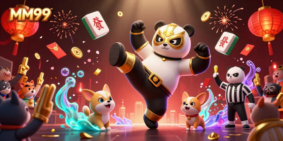 Experience the thrill of gaming at MM99 with a lively 3D casino theme featuring a panda and chihuahua.
