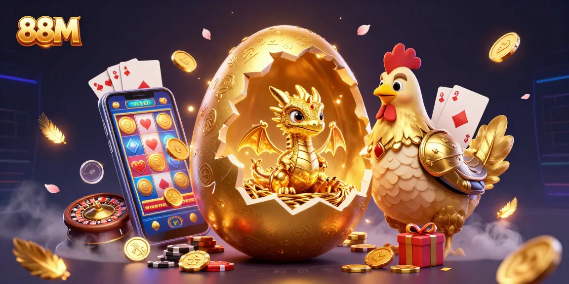 Engage with 88M in this vibrant 3D illustration showcasing a golden dragon, poker chips, and exciting slot games.