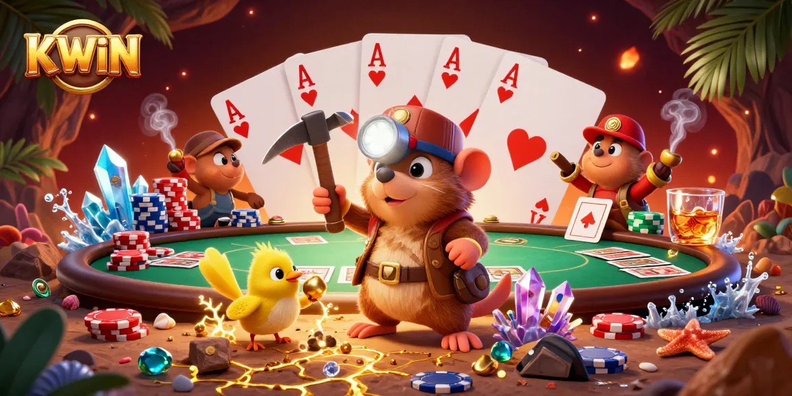 KWIN thrills with a treasure hunter mole and its canary companion amid a lively poker scene, showcasing vibrant casino elements.