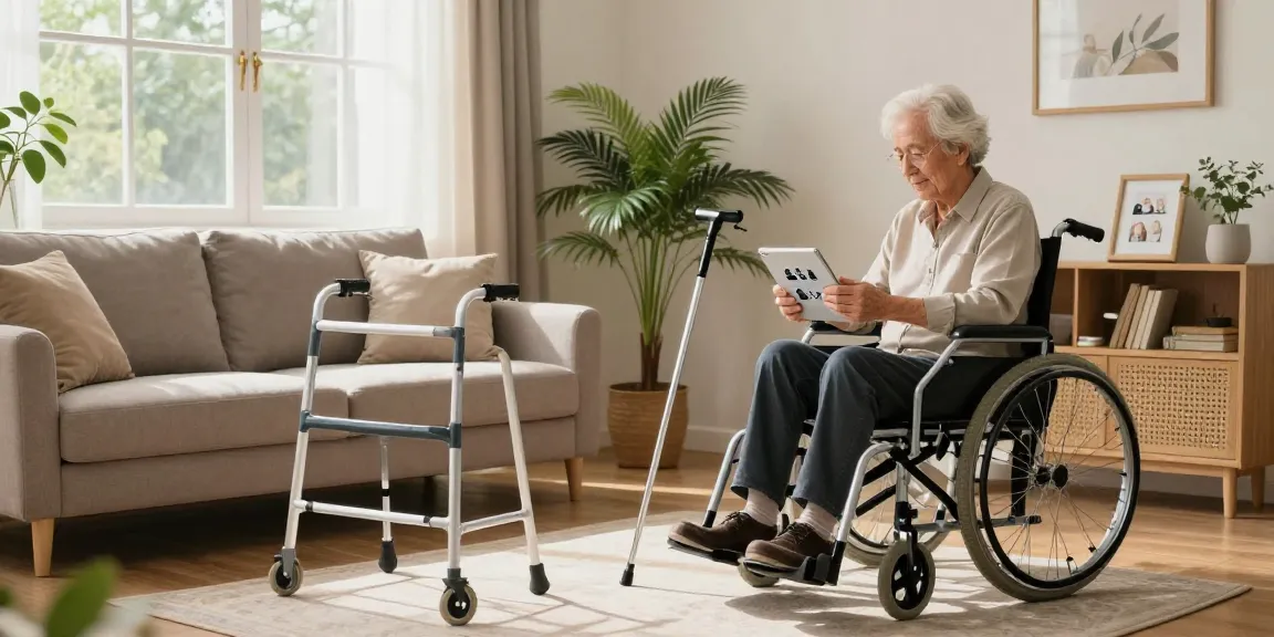 Buy nobility aids online in a cozy home, exploring mobility options comfortably with a tablet.