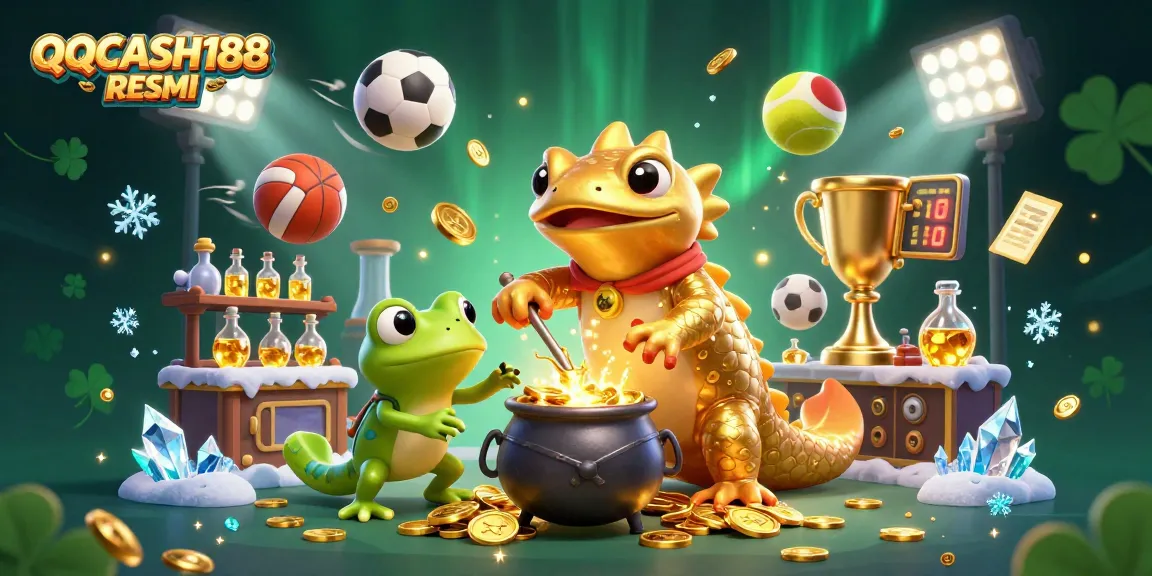 Engage with QQCASH188 RESMI for thrilling sports betting experiences featuring golden coins and trophies.