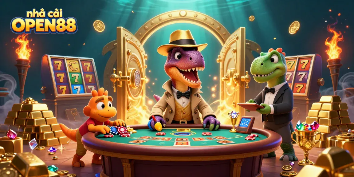 Engage in thrilling gameplay with nhà cái OPEN88, as dinosaur characters enliven a dynamic casino scene.