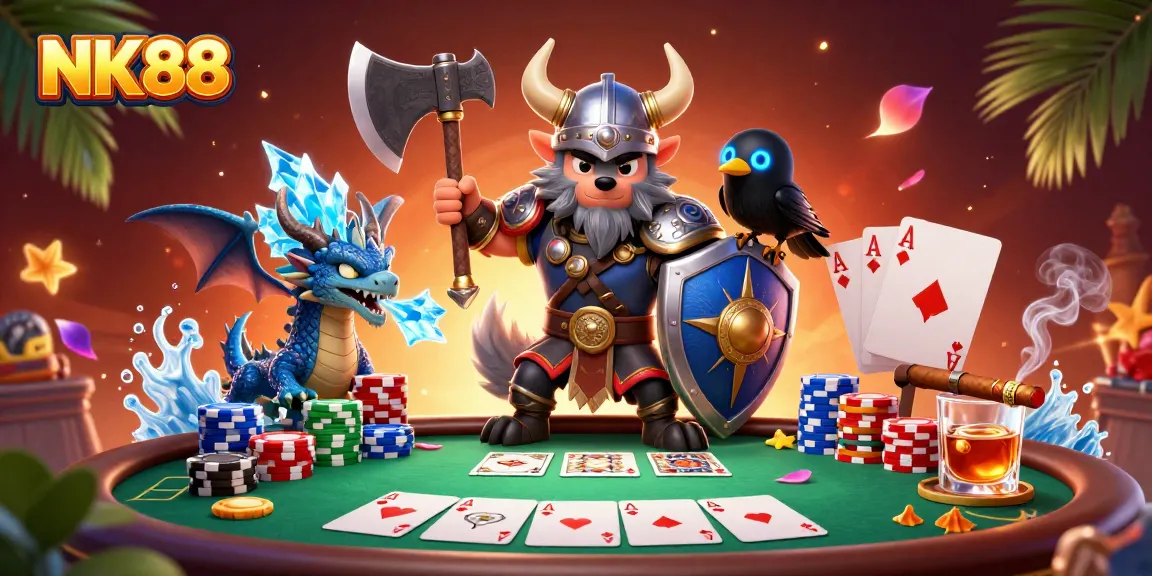 Win big at NK88 with a Viking warrior and fierce dragon in a vibrant poker scene.